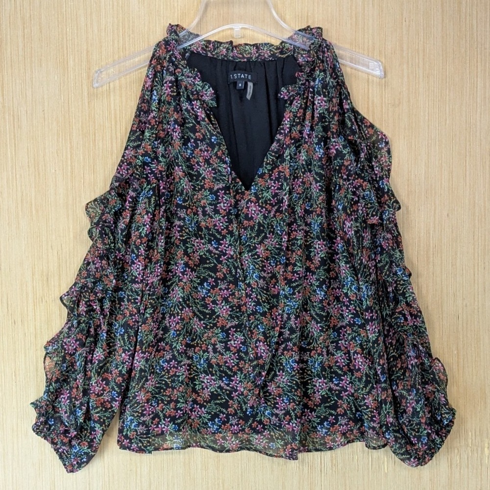 1.STATE Womens Boho Peasant Flowy Cold Shoulder Floral Ruffle Blouse Small Black